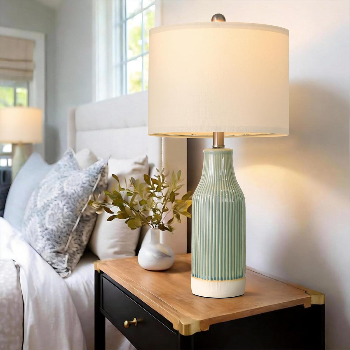 USumkky 23.75" Modern Green Ceramic Table Lamp Set of 2 for Living Room