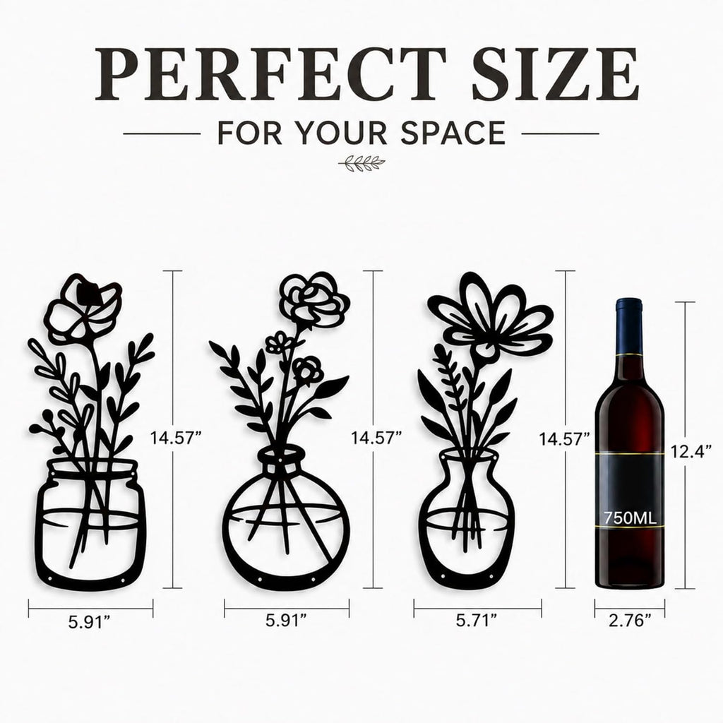 qzmaikoo 3 Pieces Black Metal Flower Wall Decor, Floral Vase Wall Art, Farmhouse Metal Wall Hanging for Bathroom Kitchen Bedroom Hallway