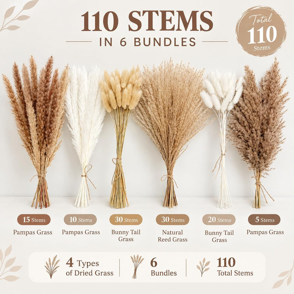 Dried Pampas Grass, 17 Inch, 110 Stems, 6 Bundles, Natural & White Tones