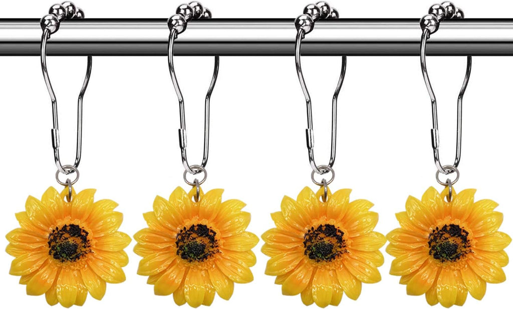 CHICTIE Flowers Shower Curtain Hooks Rings, 12 Pcs Decorative Rustproof Shower Rings for Bathroom Set (Yellow Sunflower)