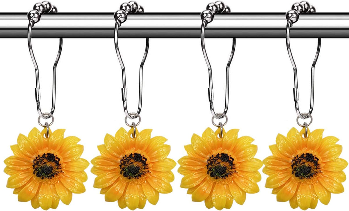 CHICTIE Flowers Shower Curtain Hooks Rings, 12 Pcs Decorative Rustproof Shower Rings for Bathroom Set (Yellow Sunflower)