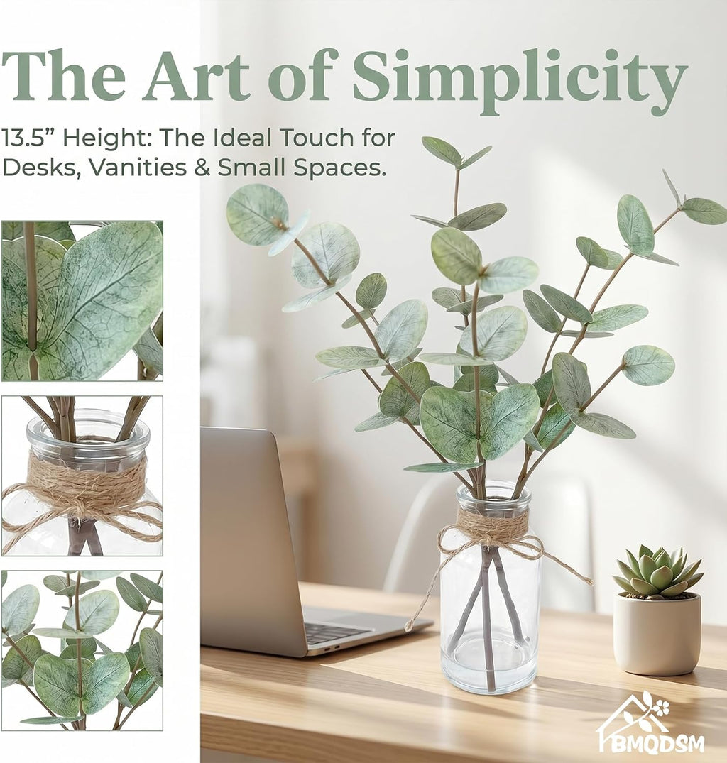 Artificial Eucalyptus Stems in Glass Vase with Faux Water,13.5" Fake Plants for Bathroom Shelf Decor, Farmhouse Centerpieces for Tables, Small Desk Plants for Home Office Decor (Green)