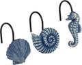Sunlit Seashells Decorative Shower Curtain Hooks, Blue Ocean Creatures Coastal Shower Curtain Rings with Black Hooks, Resin, Nautical Bathroom Decoration Beach Shower Curtain Hooks, Set of 12