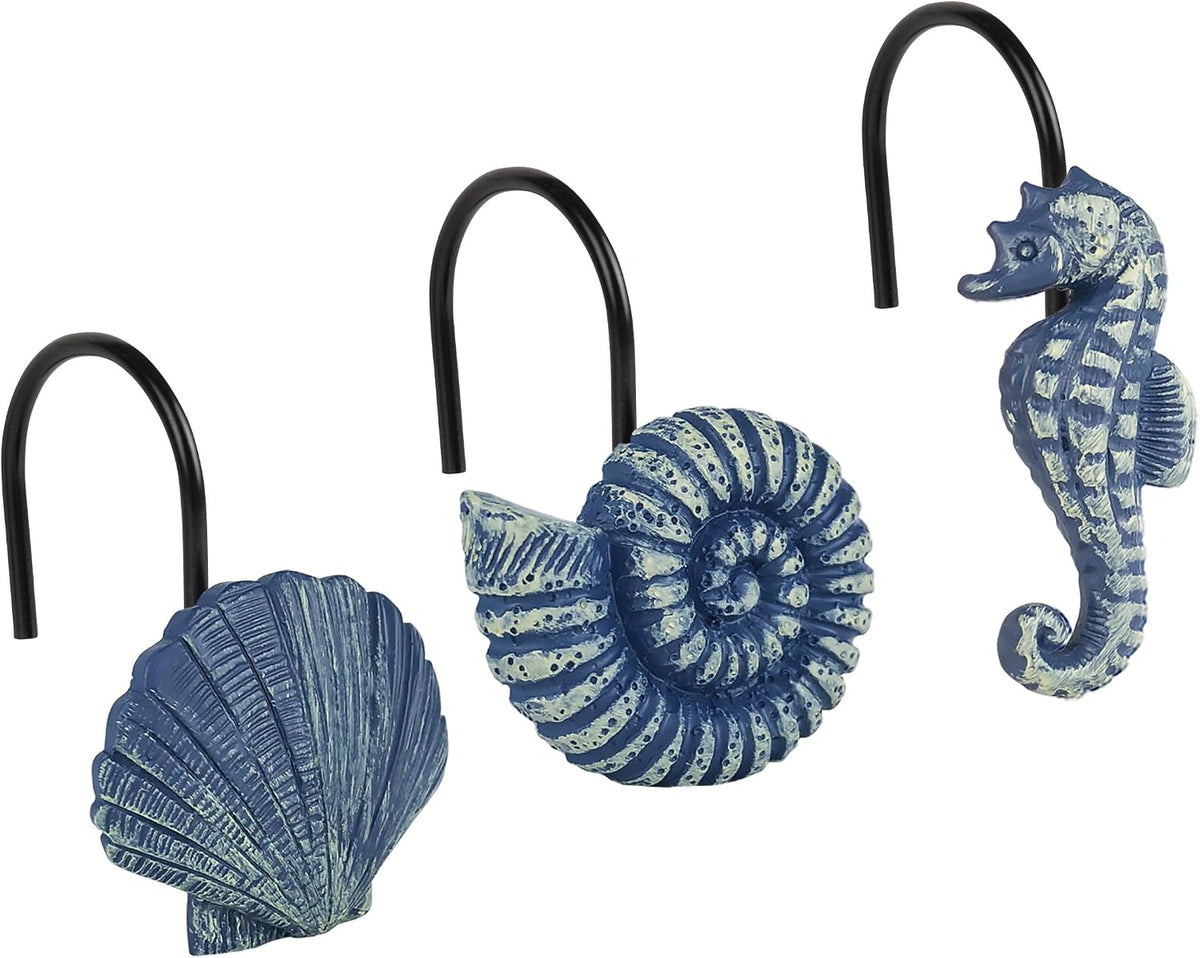 Sunlit Seashells Decorative Shower Curtain Hooks, Blue Ocean Creatures Coastal Shower Curtain Rings with Black Hooks, Resin, Nautical Bathroom Decoration Beach Shower Curtain Hooks, Set of 12