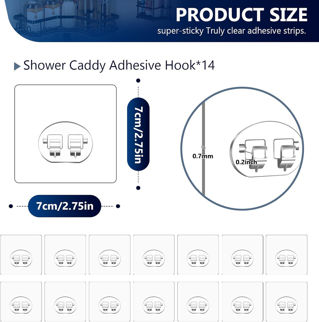Shower Caddy Adhesive Single Hooks for Replacement, Shower Holder Organizer Self Adhesive Wall Hooks for Bathroom Corner Shelf Basket Soap Dish (Transparent-14Pack 1 Hooks)