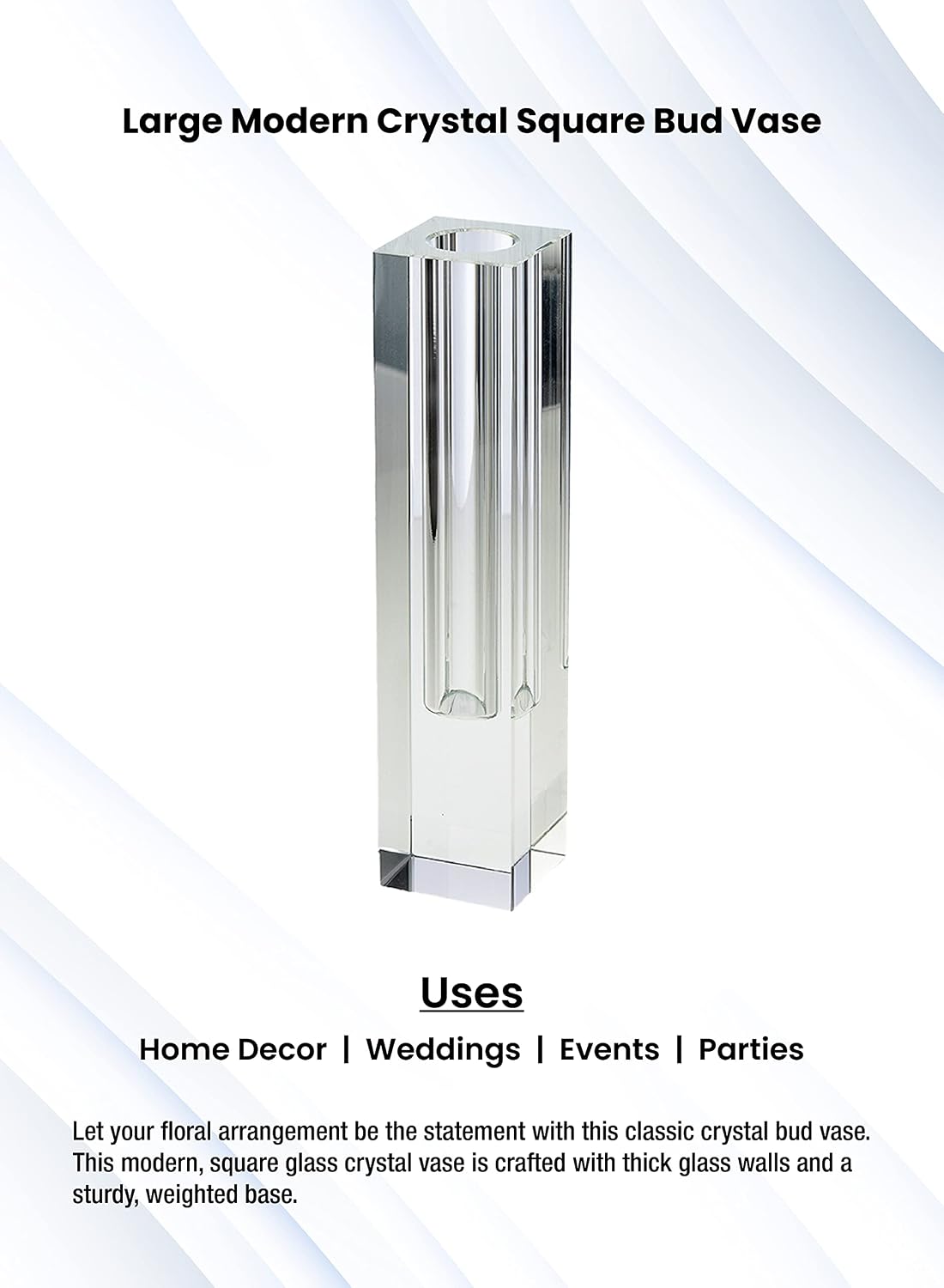 Serene Spaces Living Large Modern Crystal Square Bud Vase, Decorative Single Flower Vase for Wedding Centerpieces, Events, Parties, Home Décor Accents, Measures 9" Tall, 1.25" Long, 1.25" Wide