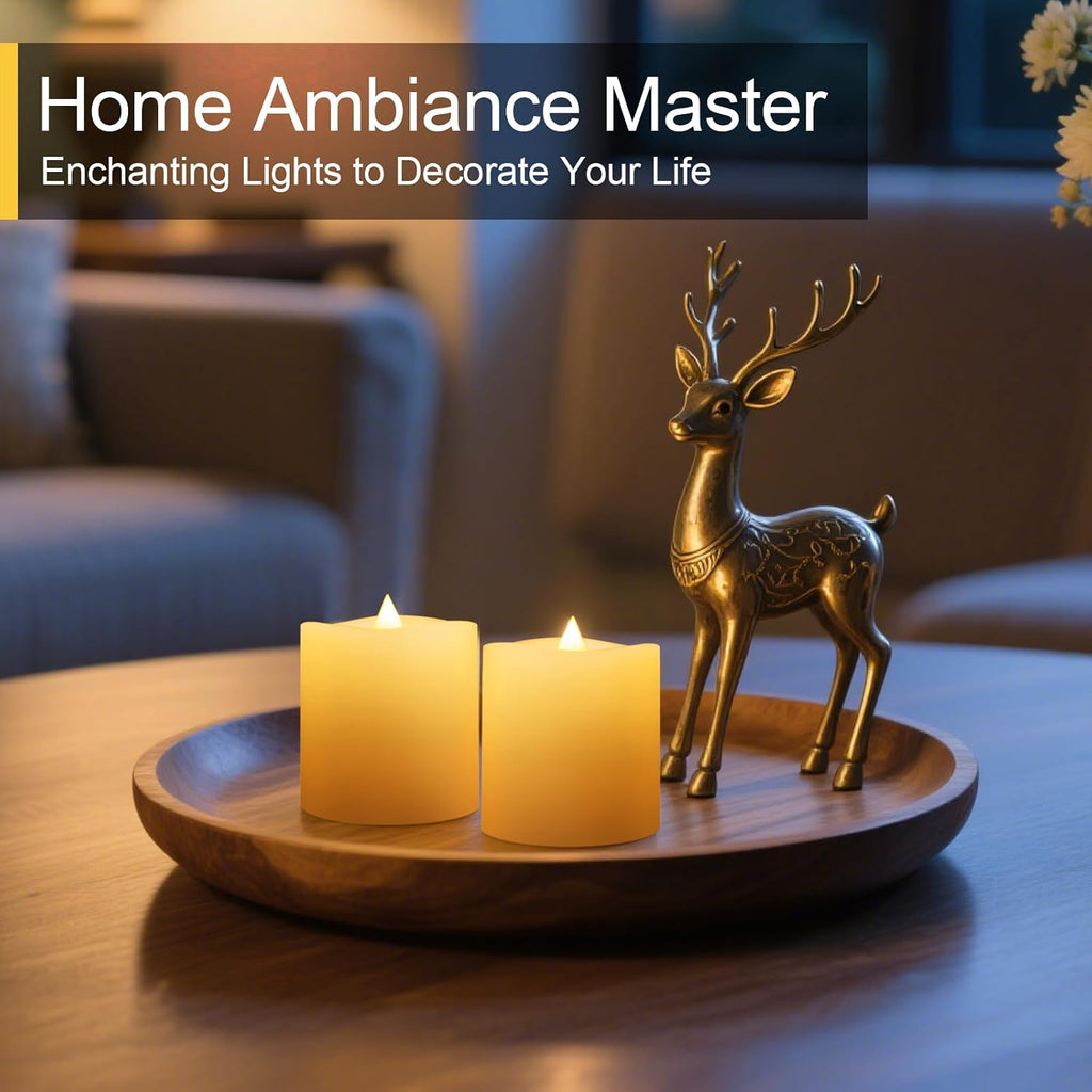 3x3 Flameless Candles with Remote Set of 2, 3 inch Battery Candles Flickering with Timer, LED Pillar Candle for Indoor/Outdoor, Lvory White