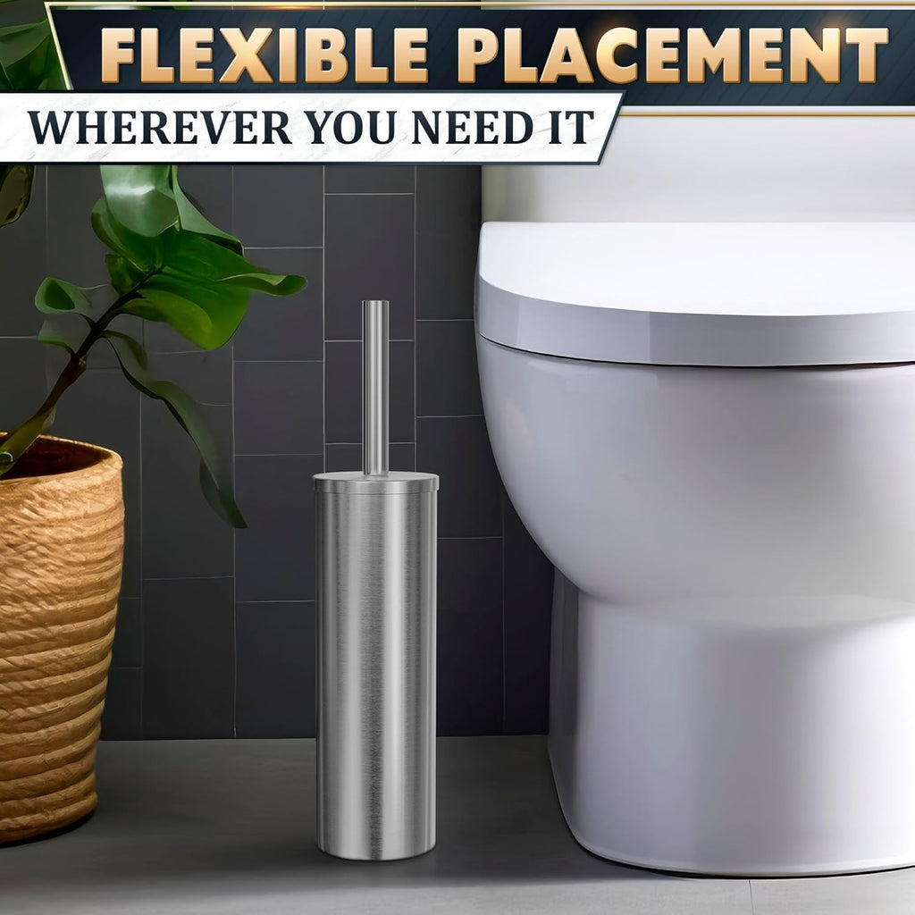 Silver Toilet Brush and Holder Set, Freestanding, Splash Protection