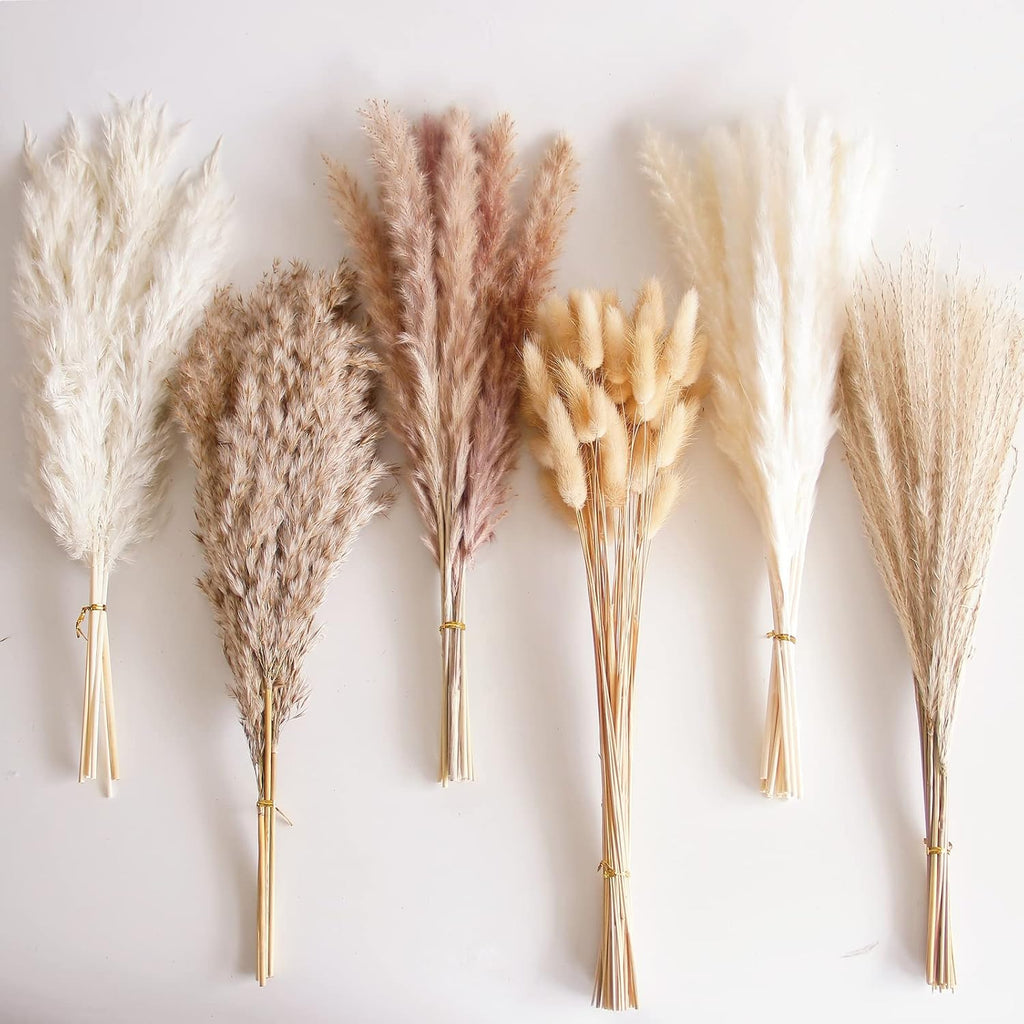 120 PCS Dried Pampas Grass Bouquet, Boho Table Decor, Bunny Tails Dried Flowers, Brown Pompas, White Pampas Grass for Wedding, Home, Rustic Party, Baby Shower Decorations