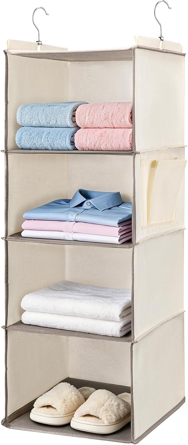 Hanging Closet Organizer and Shelves,4 Shelves with 1 Side Pockets (Beige)