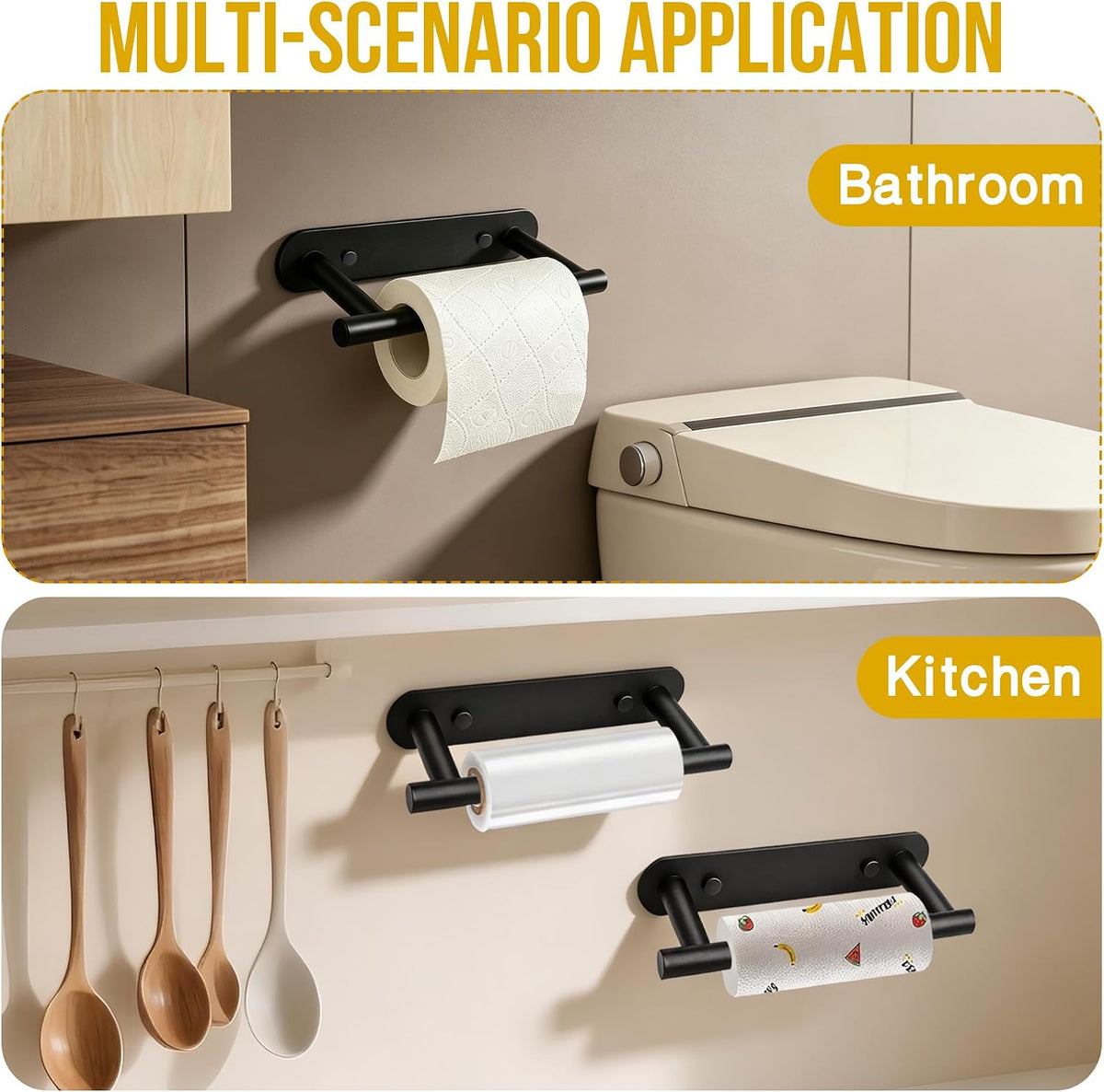 Self Adhesive or Screw in Black Toilet Paper Holder Wall Mount for Bathroom
