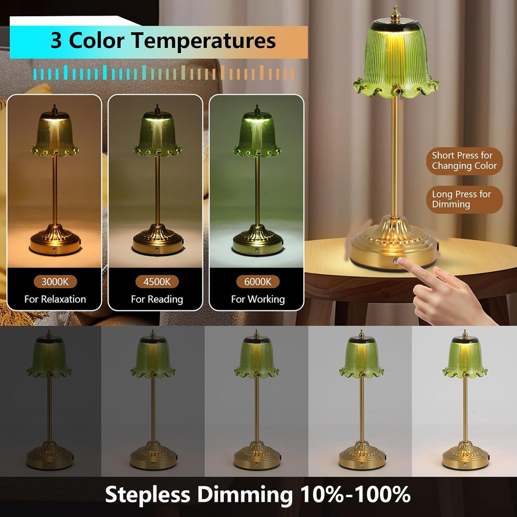 Cordless Glass Table Lamp,6500mAh Portable Rechargeable Lamps,3 Color Modes & Stepless Dimmable,Gold Battery Operated Small Touch Lamp for Bedside,Kitchen,Living Room,Restaurant Outdoor