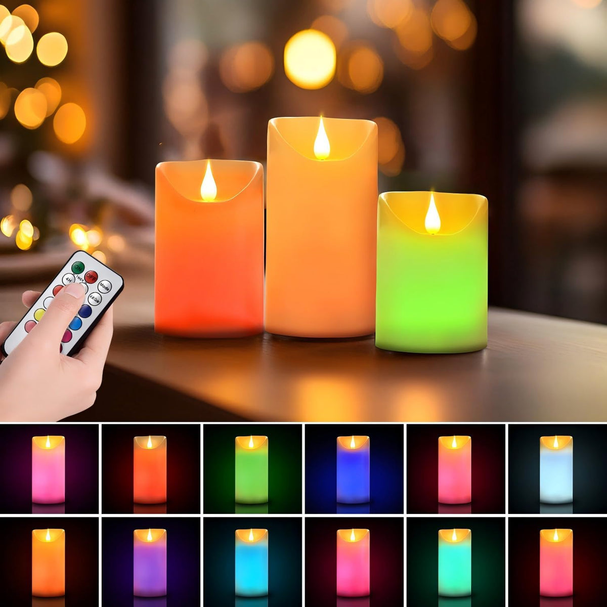 Flameless LED Color Changing Candles, Battery Operated Candle with Remote Control and Timer, Realistic Flame, Dimmable, Pillars for Halloween Decoration, D3''xH4''5''6'', 3Pcs