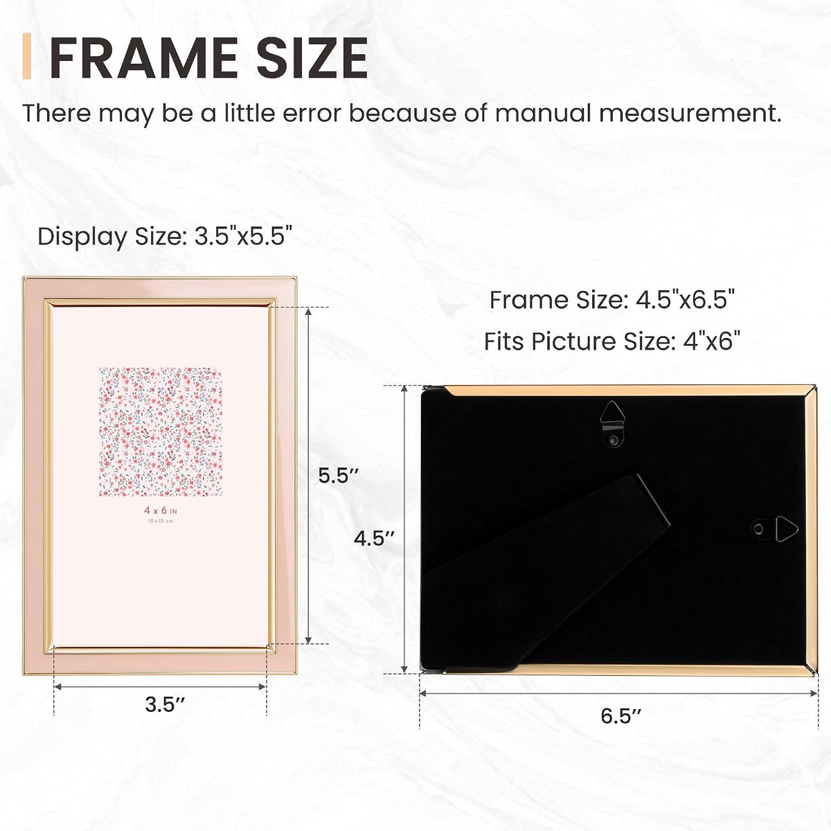 Venusmiles 4x6 Enamel Picture Frames with Tempered Glass, 1 Pack Pink Photo Frame with Gold Metal Edge, Horizontal and Vertical Display Pictures 4x6 for Wall and Tabletop, Bookshelf, Wall Decor
