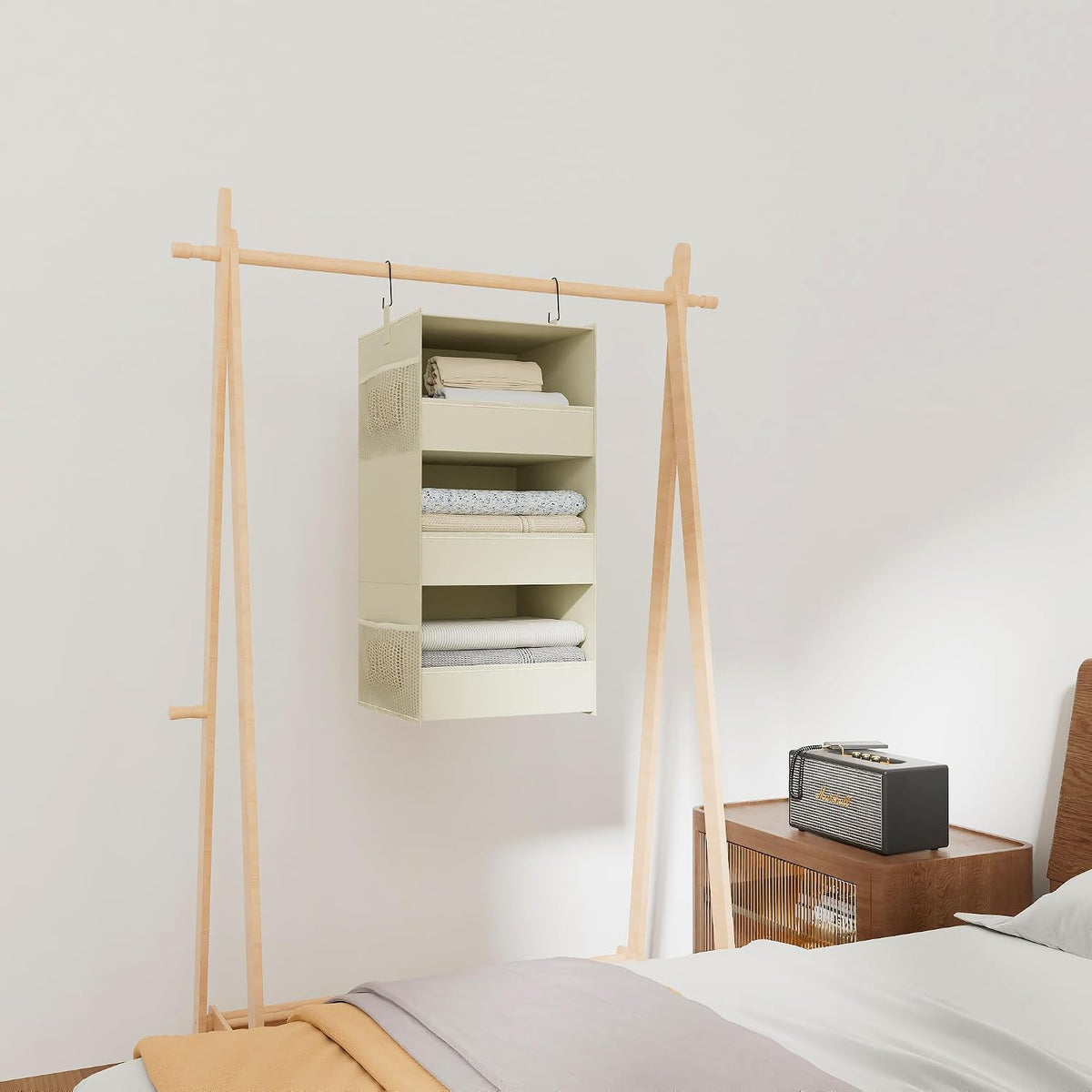 3-Shelf Hanging Closet Organizer, Washable Foldable Storage Shelves, Beige