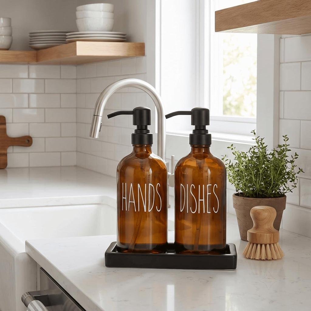 MOMEEMO Soap Dispenser Set with Ceramic Tray, Amber & Black