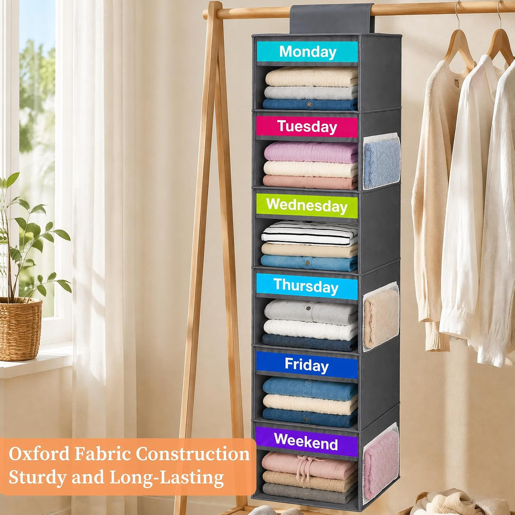 Weekly Clothes Organizer for Closet, 6-Shelf Hanging Closet Organizer with 6 Side Pockets(Grey)