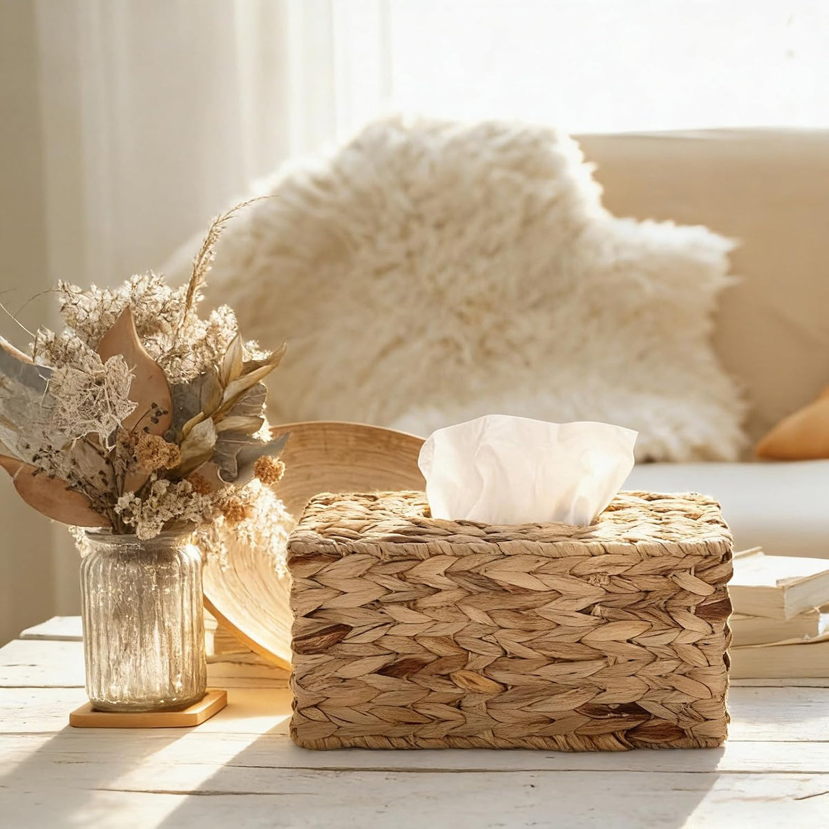 Sumnacon Rectangular Tissue Box Cover, Water Hyacinth Wicker Tissue Holder, Farmhouse Rustic Woven Tissue Dispenser with Open Bottom for Bathroom Kitchen Counter Toilet Desk Office Car, Natural (L)