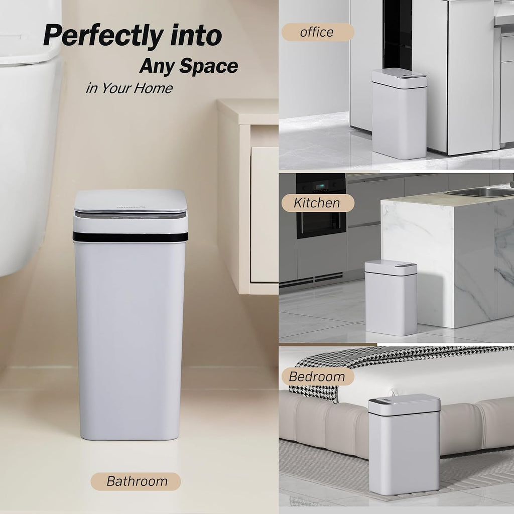 FRESHLIX Bathroom Trash Can 2.5 Gallon Automatic Small Garbage Can with Lid, Slim Motion Sensor Plastic Narrow Trash Bin for Bedroom, Kitchen, Office (A-Basic Battery Supply-Grey)