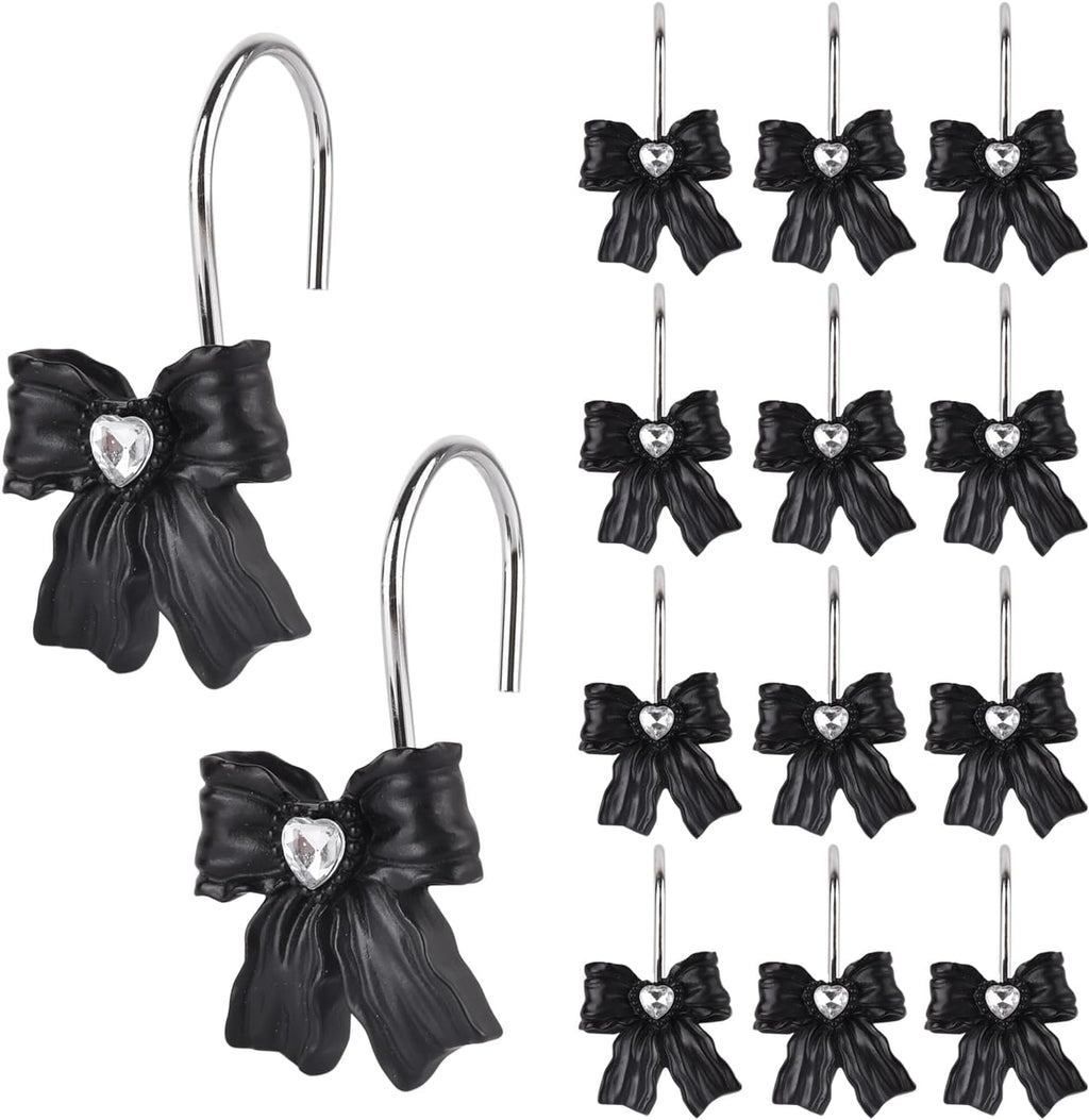 12PCS Shower Curtain Hooks Rings,Black Bow Resin Curtain Hooks Shower Rings for Bathroom Baby Room Nursery Art Decors