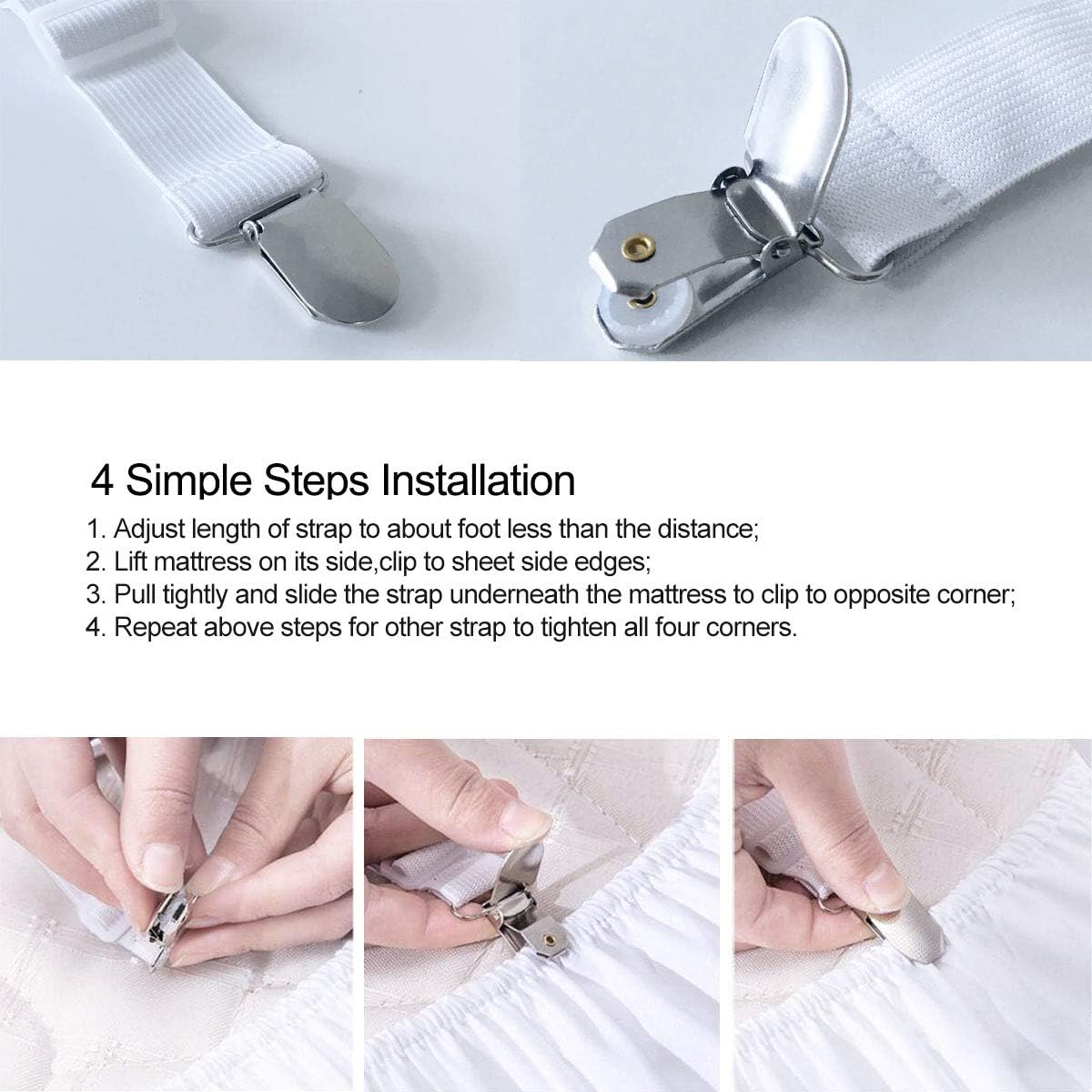 Sheet Fasteners Suspenders Straps - Adjustable Crisscross Bed Sheets Holder Clips Elastic Band Sheet Keeper Stays Grippers,2Pcs/Set White