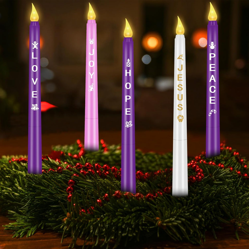 RGQSUN LEDs Flameless Advent Candles Sets of 5 Christmas Advent Candles Battery Operated Flickering Flameless Taper Candle for Christmas Wreath Advent Decor(Battery is not Included)