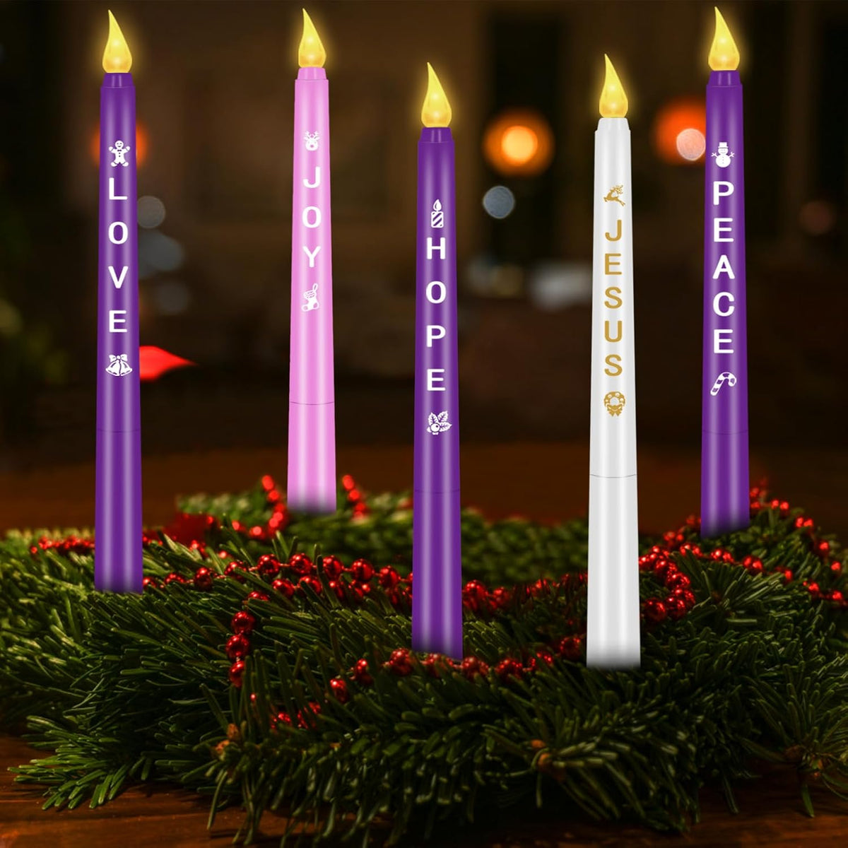 RGQSUN LEDs Flameless Advent Candles Sets of 5 Christmas Advent Candles Battery Operated Flickering Flameless Taper Candle for Christmas Wreath Advent Decor(Battery is not Included)