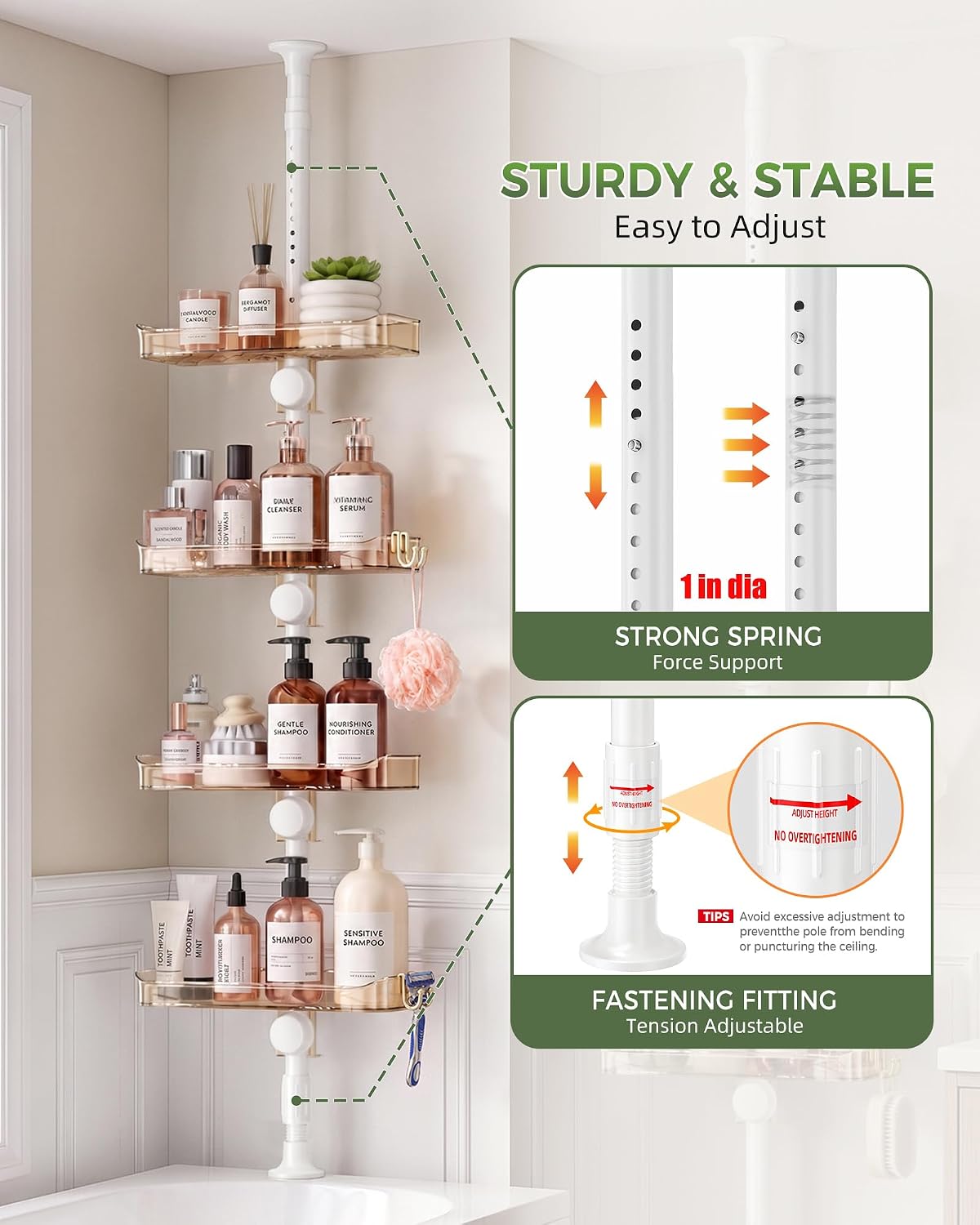 Shower Caddy Tension Pole, Bathroom Organizer Shelves, Amber