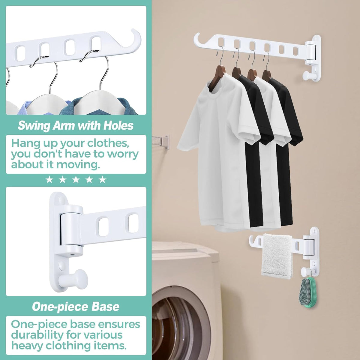 Laundry Drying Rack Wall Mounted - Swing Arm Clothes Hanger with 6-Hole, 180° Rotation Coat Hanger Holder, Foldable Valet Hook for Laundry Closet (2-Pack, White)