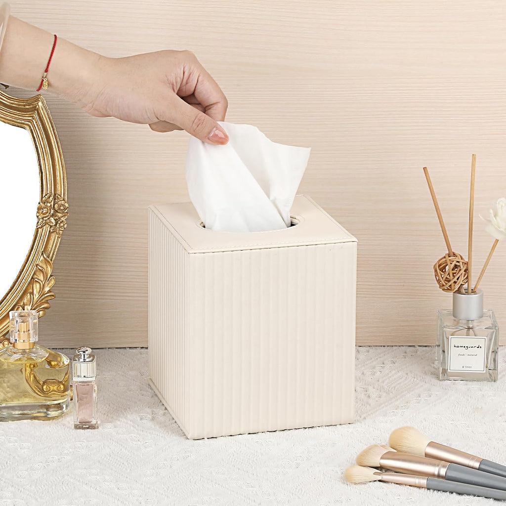 Sumnacon PU Leather Tissue Box Cover Modern Square Tissue Box Holder with Magnetic Closure Decorative Tissue Dispenser Stripes Textured Tissue Holder for Bathroom Car Home Office, Ivory