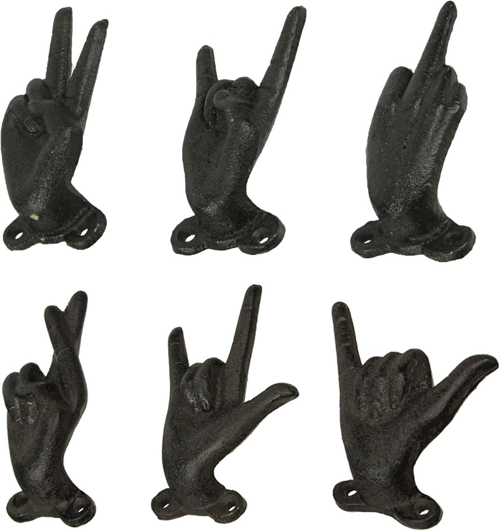 Zeckos Set of 6 Hand Gesture Wall Hooks, Black Distressed Cast Iron, 4 Inch