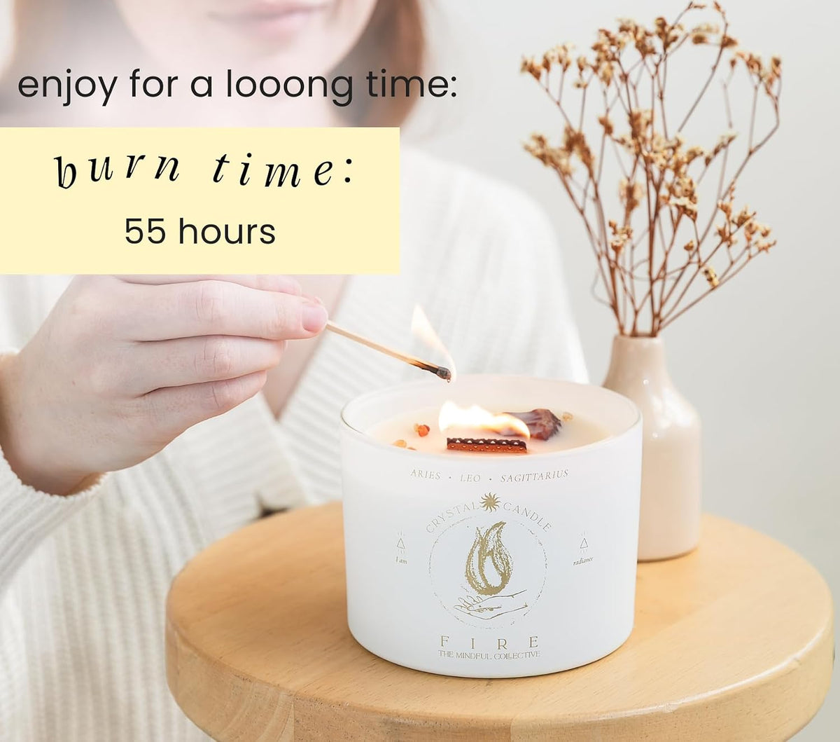 Aries, Leo, Sagittarius Gifts for Women, Wood Wick Crystal Soy Candle