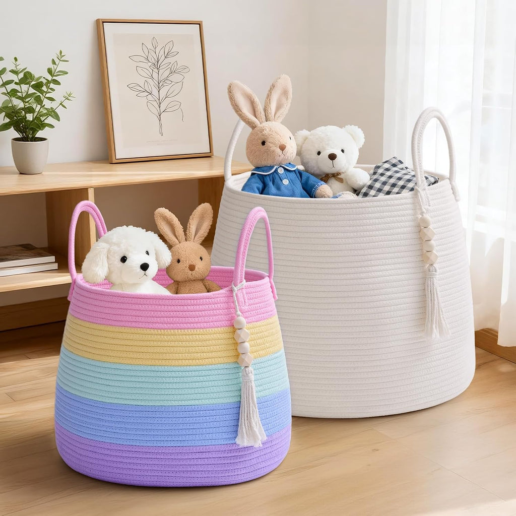 Large Nursery Hamper, 30L Blanket Basket with Handle, Baby Laundry Basket for Gift, Toy, Clothes, Woven Storage Basket with Wooden Bead Decor, Baby Hamper for Nursery (Black&Brown)