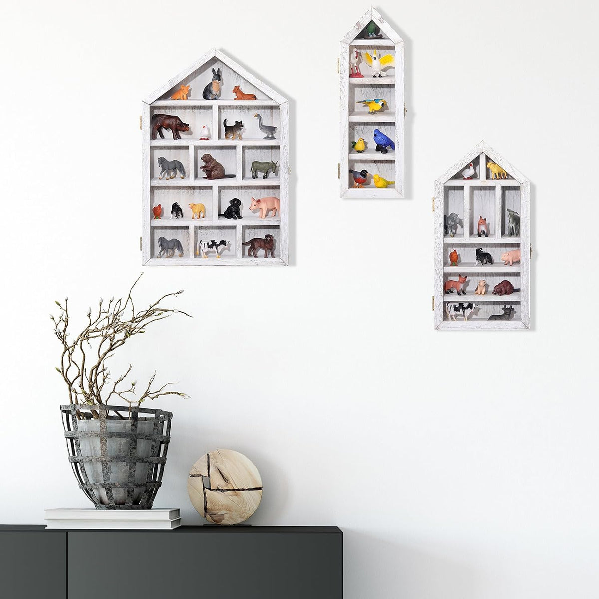 DoubleFill 3 Pcs Trinket Shelf Shadow Box, Antique White, House Shape