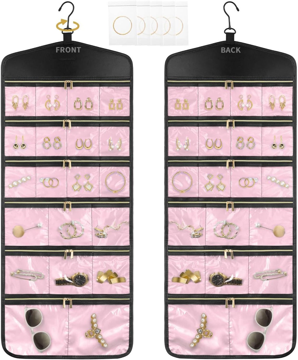 CHICECO Hanging Jewelry Organizer With Zippered Pockets,40 Pockets Travel Jewelry Organizer Storage (Pink)