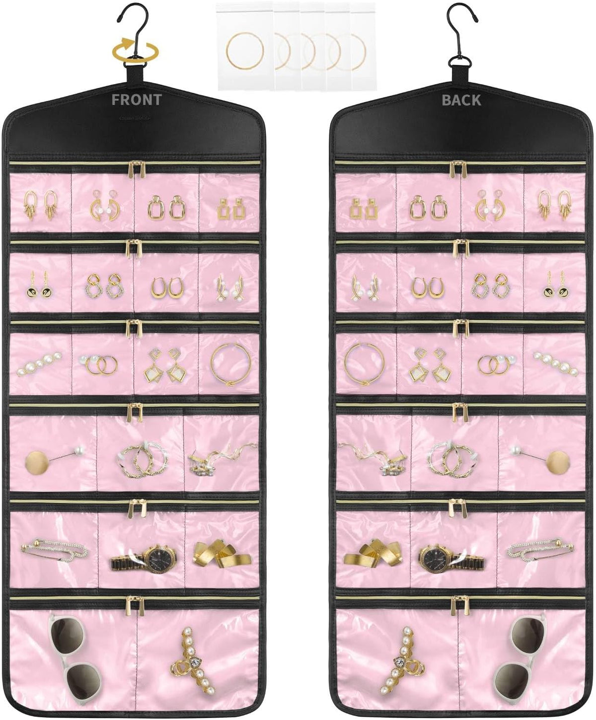 CHICECO Hanging Jewelry Organizer With Zippered Pockets,40 Pockets Travel Jewelry Organizer Storage (Pink)