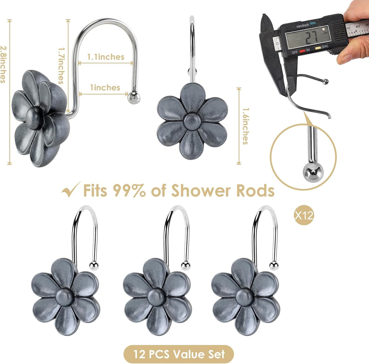 3D Floral Shower Curtain Hooks, 12 Pcs Rust Proof Resin Metal Hooks Shower Curtain Rod Rings, Ideal for Bathroom, Bedroom, Living Room Fun Home Decor (Moonstone Grey