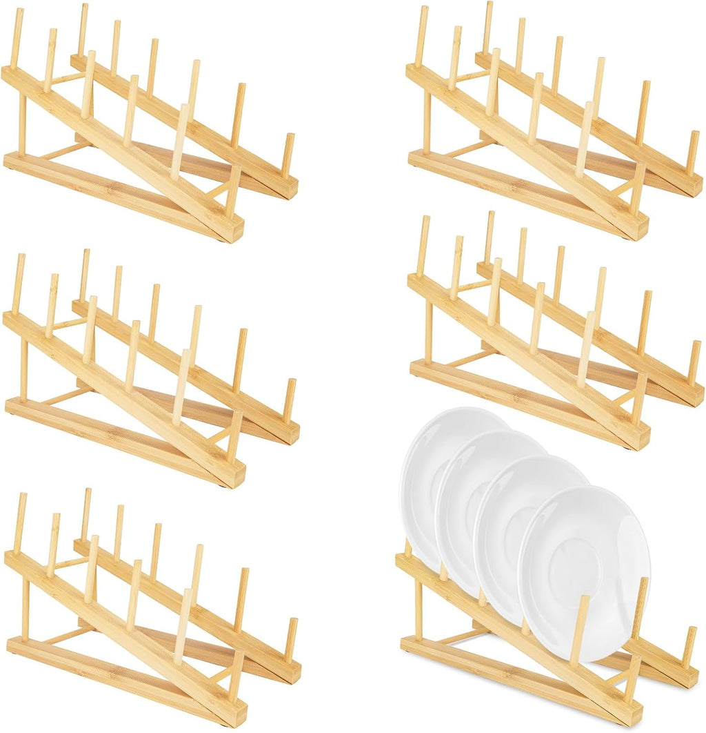 6 PCS Plate Stands for Display, Wooden Dish Drying Rack, 5-Tier Plate Holder Cabinet Organizer Craft Show Display Stands for Tabletop Book Artwork Photo Record Magazine and Platter