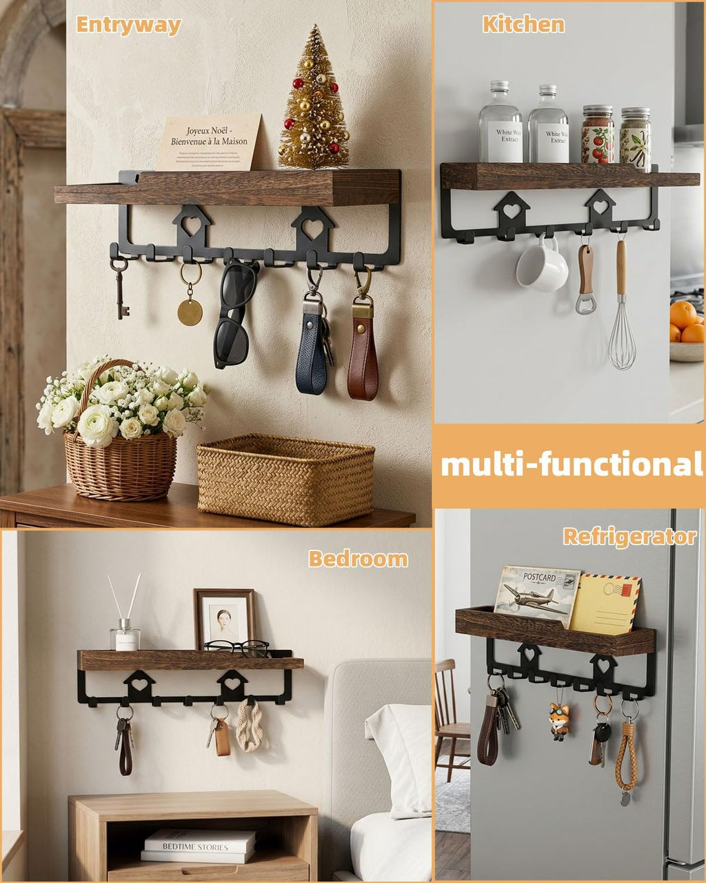 lucdnc Key Holder for Wall Mounted with Tray, 7 Hooks & Wood Shelf