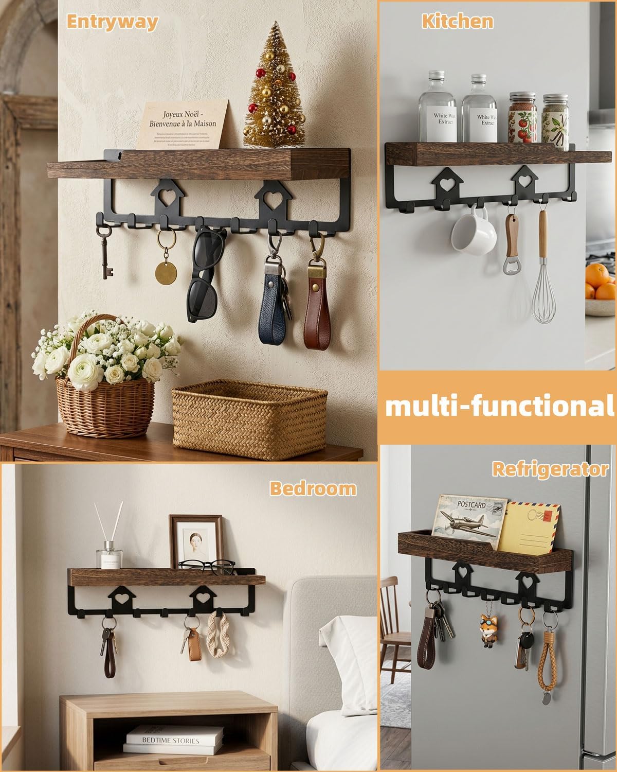 lucdnc Key Holder for Wall Mounted with Tray, 7 Hooks & Wood Shelf