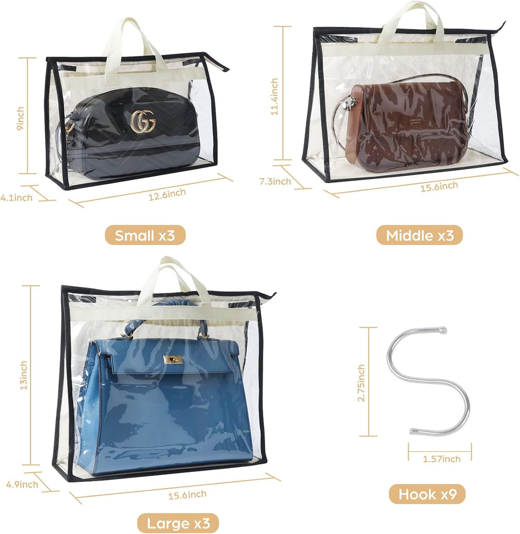 9 Pack Dust Bags for Handbags, Clear Handbag Storage, Purse Storage Organizer for Closet, Purse Cover Hanging Closet Organizer with Zipper