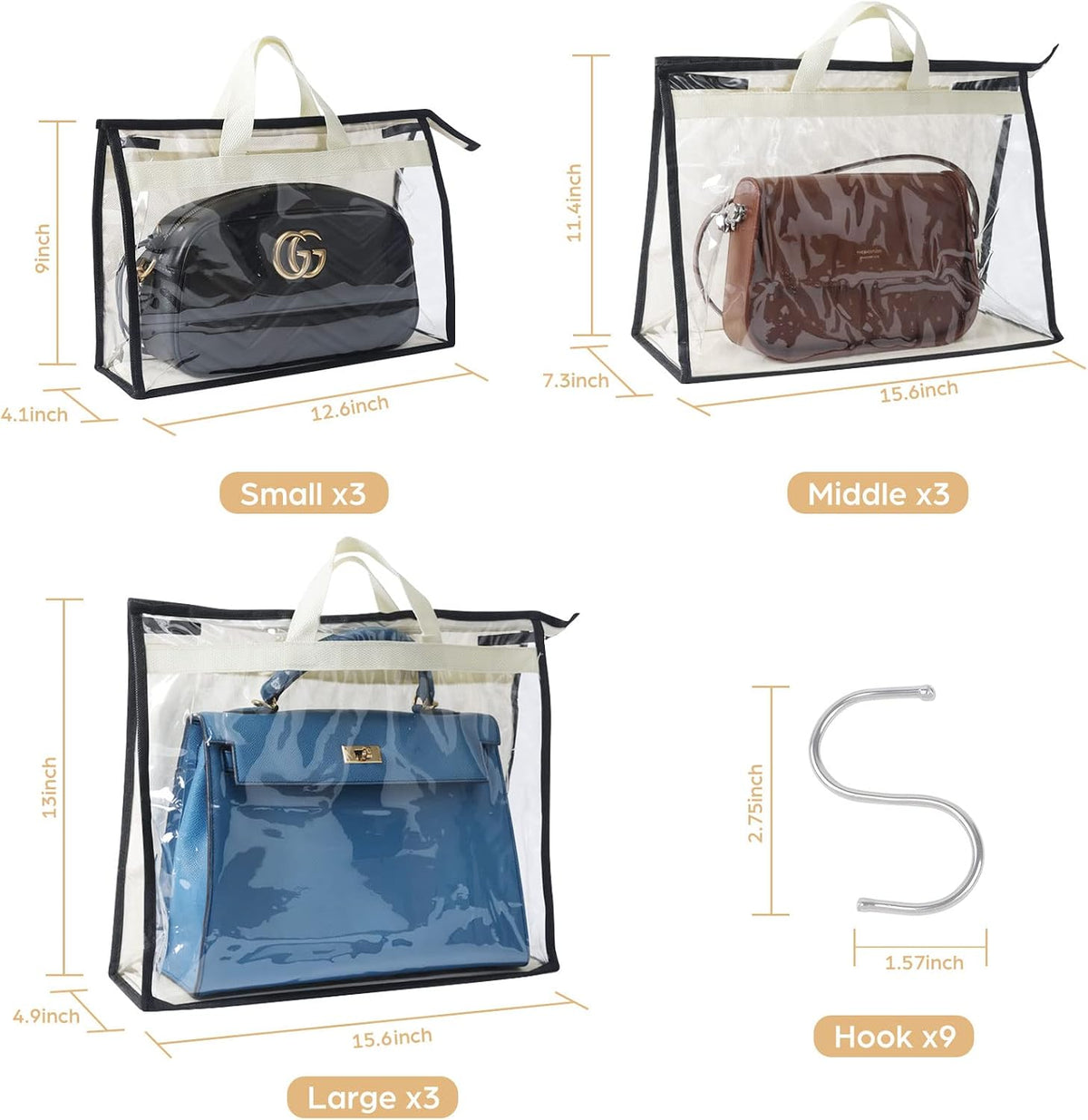 9 Pack Dust Bags for Handbags, Clear Handbag Storage, Purse Storage Organizer for Closet, Purse Cover Hanging Closet Organizer with Zipper