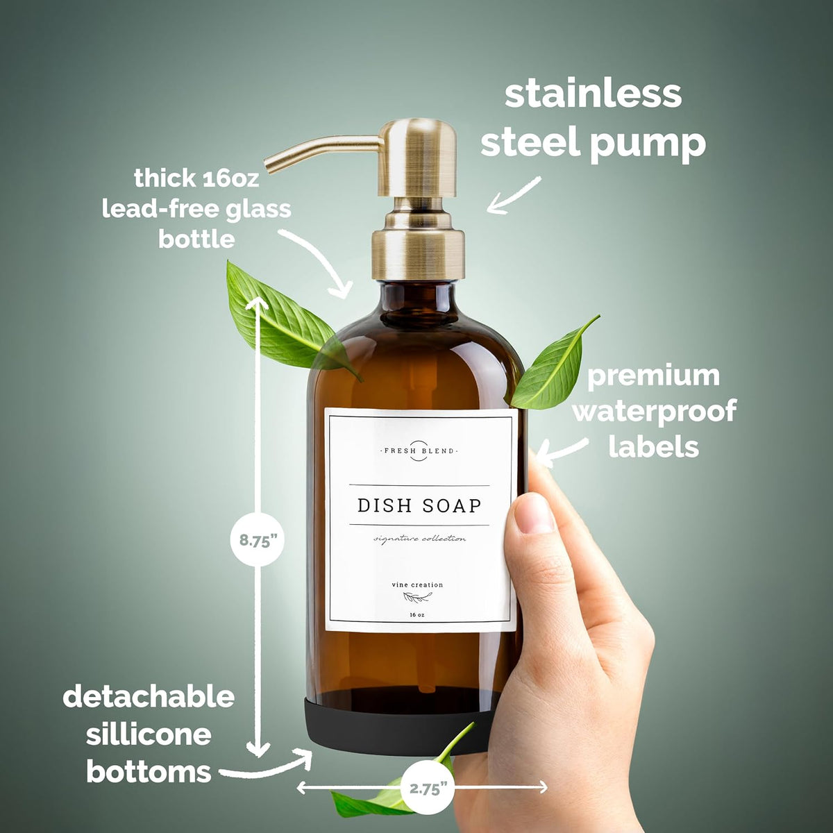 Vine Creations Amber Glass Soap Dispenser, 2 Pack Kitchen Soap Dispenser Set with Stainless Steel Pump, 16 oz Dish Soap and Hand Soap Dispensers for Bathroom with Waterproof Labels and Protective Pads