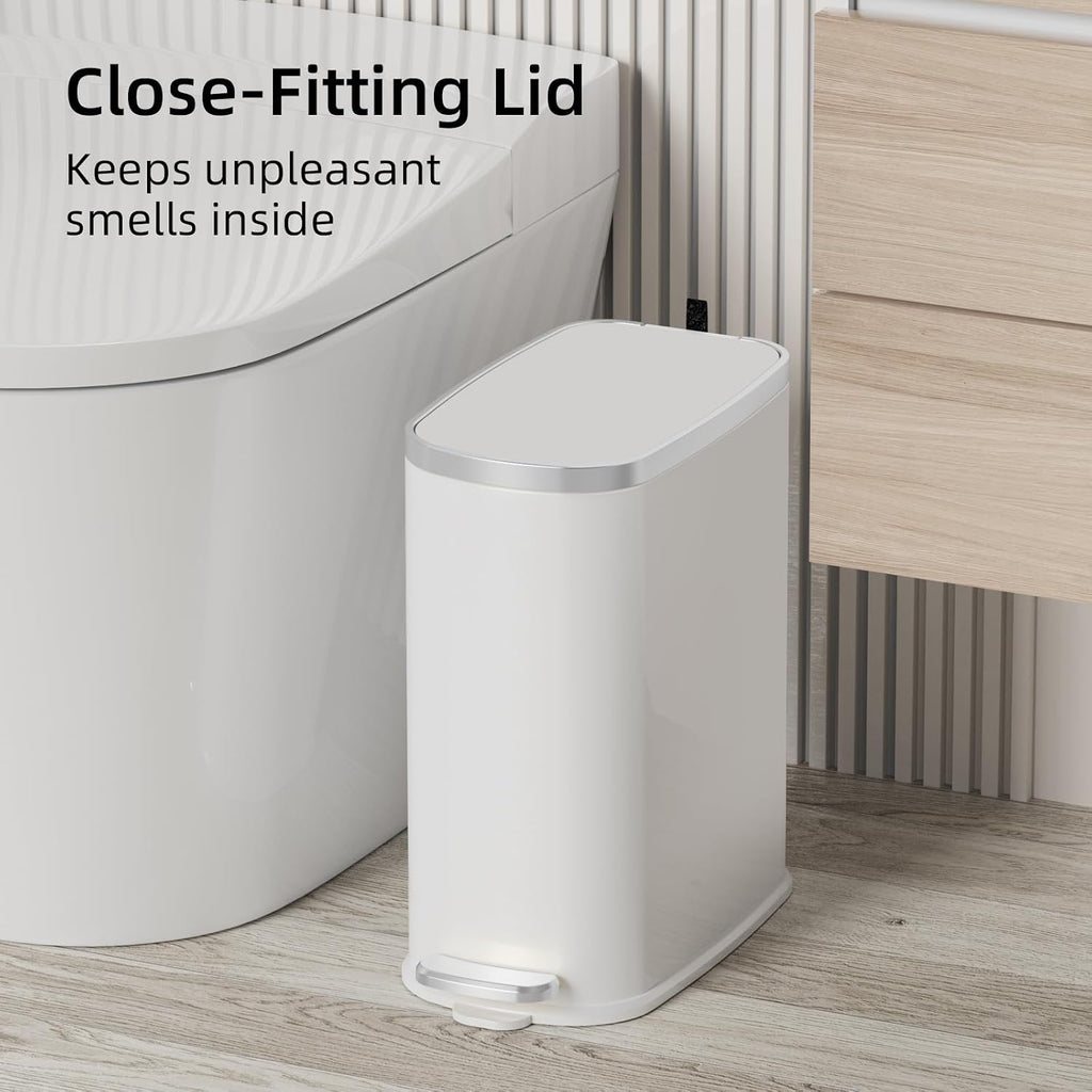 KUK Slim Bathroom Trash Can with Lid Soft Close, Step Pedal, 2.6 Gal/ 10L Stainless Steel Garbage Can with Removable Inner Bucket, Anti-Fingerprint Wastebasket for Office, Bedroom, Toilet (White)