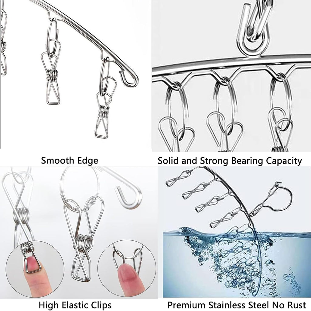 Stainless Steel Laundry Drying Rack Clothes Hanger with Windproof Hook,Underwear Hanger,Clothes Hangers with 8 Clips for Drying Socks,Diapers,Baby Clothes (3 Pack)