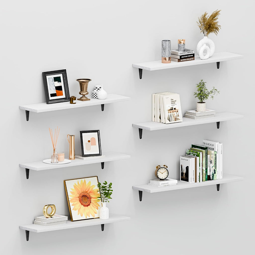 SKYSEN Floating Shelves for Wall Set of 6, 23.6in Wood Wall Shelf for Decor, Bathroom, Bedroom, Storage, Book,Kitchen, Living Room - White(fs-60-w)