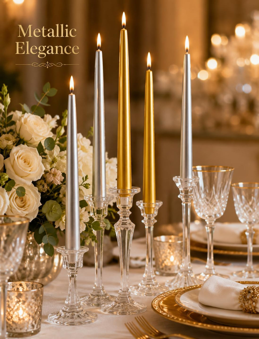 10 Inch Metallic Taper Candles, 6 Gold and 6 Silver Candlesticks