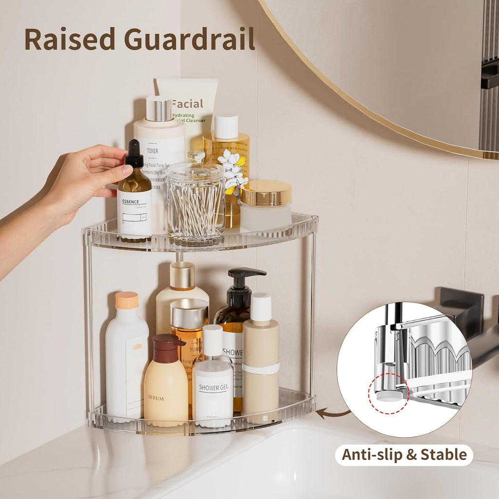 2 Tier Corner Bathroom Counter Organizer, Clear Vanity Makeup Storage Shelf