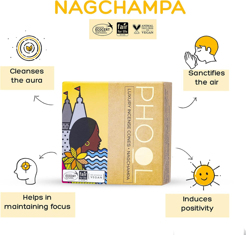 Pack of 2 Natural Incense Cones,Phool Meditation Pack(80 Organic Cones |2 Fragrances:Nagchampa & Patchouli)+1 Free Ceramic Holder |Handrolled |Sulpher & Charcoal Free |100% Organic & Natural 500 GMS