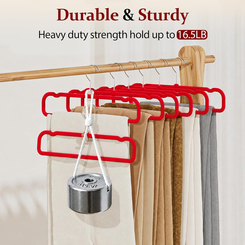 Velvet Felt Pants Hangers 30 Pack, with Cascading Hooks (Red)